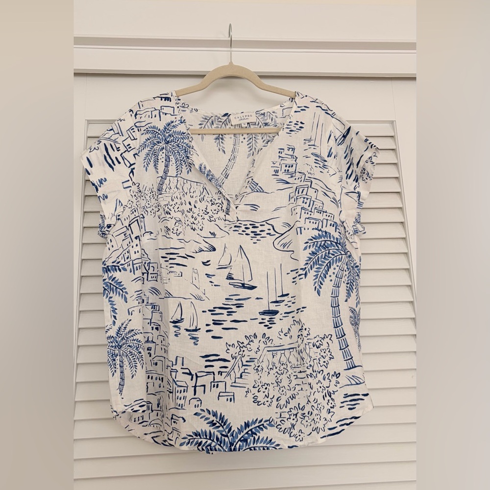 Calypso St. Barth White Blouse with Blue Nautical Print